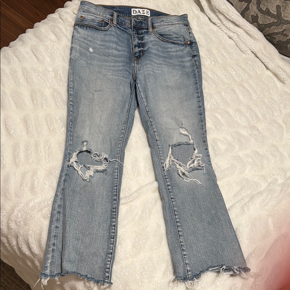 Blue Flare Wide Leg Jeans with Distressed Details